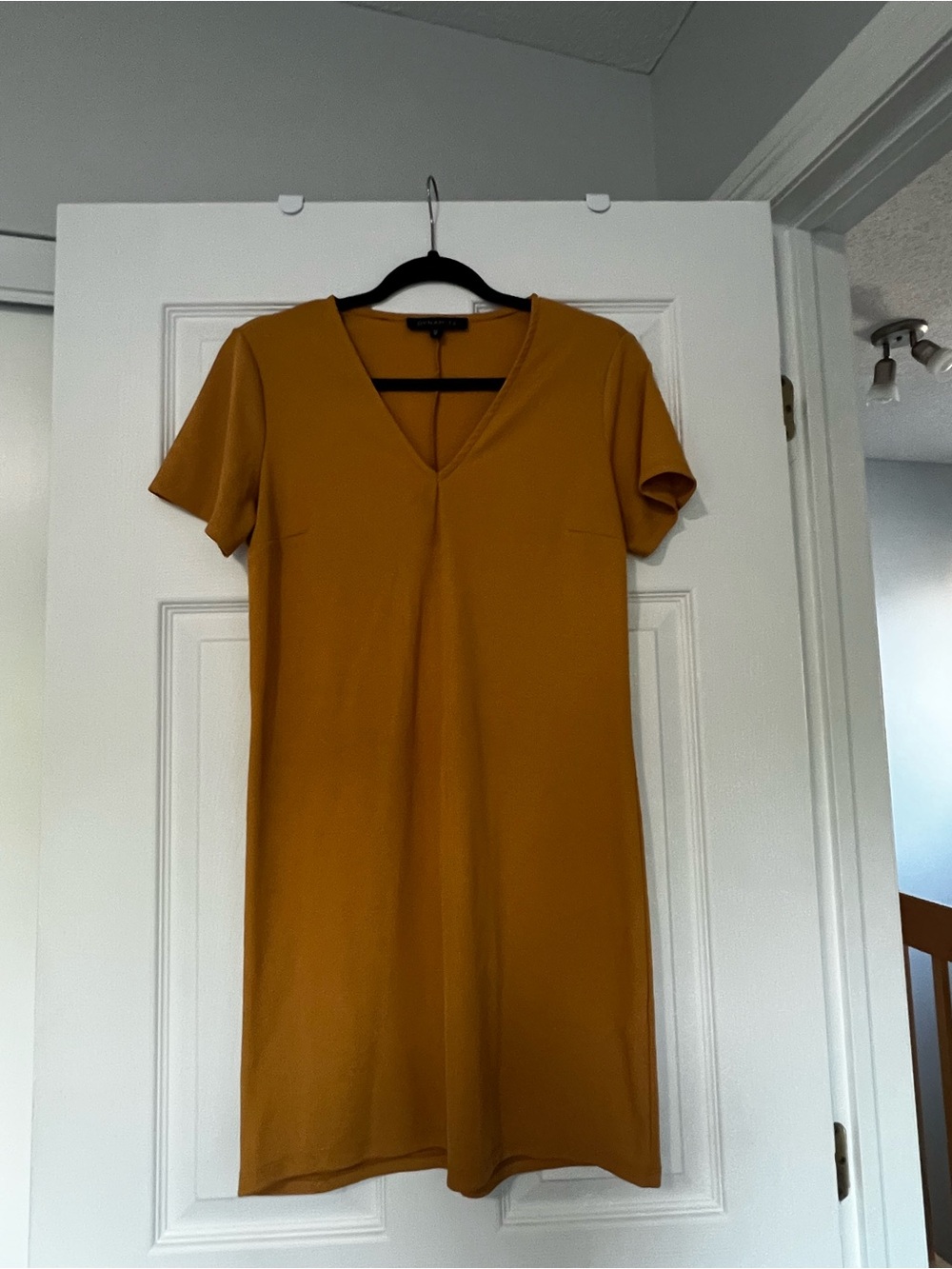Dynamite Mustard V-Neck Short Sleeve Mini Casual Shift Dress